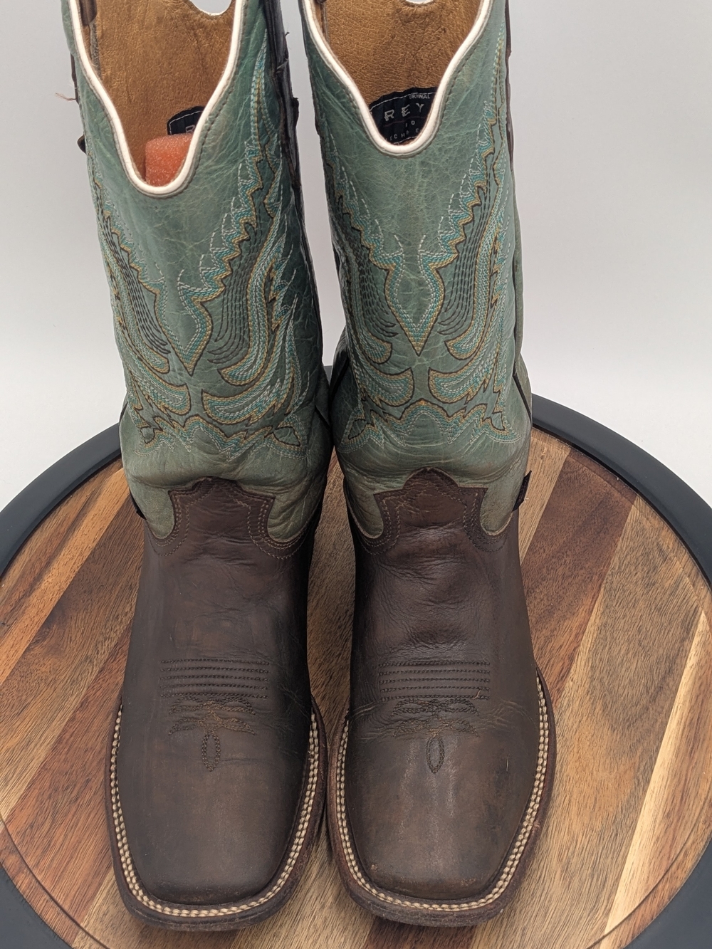 Reyme Western Cowboy Boots Size 26.5 Brown Green Leather Square Toe Mexico